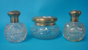 Pair silver top scent bottles and a large dressing table jar and cover