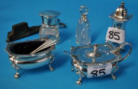 Silver three piece condiment set, two silver top scent bottles and candle snuffers (7)