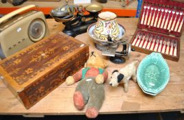 Various items including mini sewing machine, 19th century writing slope, Bush radio, scales and