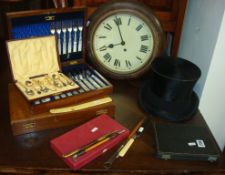 Old top hat Alfred Townend, Victorian dial clock, five various cutlery sets, EP meat skewer and