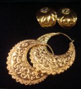 Large pair of Creole 9ct gold earrings and pair CZ heart earrings