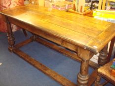 Antique oak refectory table with heavy turned legs, 185cm x 74cm, together with a set of six