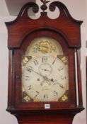 A 19th century oak long case clock, the painted arched dial inscribed `J. Roe, Swansea` with eight