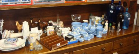 Large quantity of objects including Wedgwood Jasper ware, pharmacy bottles, ornamental horses, a