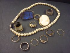Various costume jewellery with pearls, gold rings etc