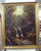 19th century oil on canvas `Woodland Waterfall`, unsigned, 19cm x 70cm