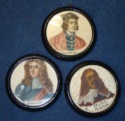 A quantity of 19th century and later prints including three reproduction silk work portraits of