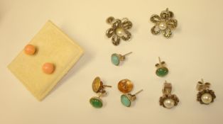 Collection of six pairs of earrings including pink coral ball stud earrings, various coloured