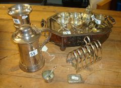 Assorted EPNS wares including hot water tray with wooden handles, lidded stein tankard, condiment