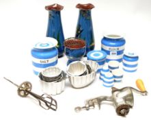 Various Cornish Ware kitchen pottery, aluminium kitchenalia also three Torquay Pottery pieces, the