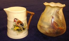 Royal Worcester posy pot model 957 decorated with game bird, signed J. Stinton, together with a