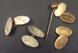 Silver cufflinks, 9ct stick pin and pair gilt cufflinks
