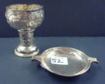 Early Victorian silver loving cup with embossed fruit decoration and landscape, approx 10cm high,