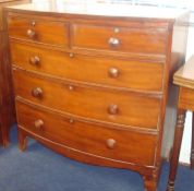 Early Victorian mahogany bow fronted chest fitted with five drawers on splayed bracket feet