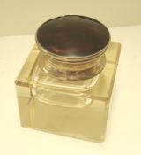 A square glass inkwell with tortoishell and silver lid, dated 1933