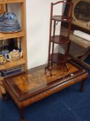 Carved Chinese coffee table with glass top, a folding mahogany cake stand (2)