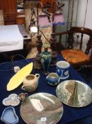 Pair of reproduction bronze effect figure table lamps, Wedgwood blue Jasperware, pair of Doulton