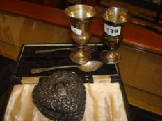 Silver embossed heart shaped box, pair of small silver cups and part boxed set