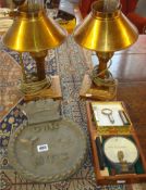 A bronze ship`s plaque George VI, Alaunia, together with a pair of brass electric table lamps,