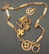 Various gold and gilt jewellery, including 9ct gold T bar bracelet, 14g, Masonic pendant and fob,