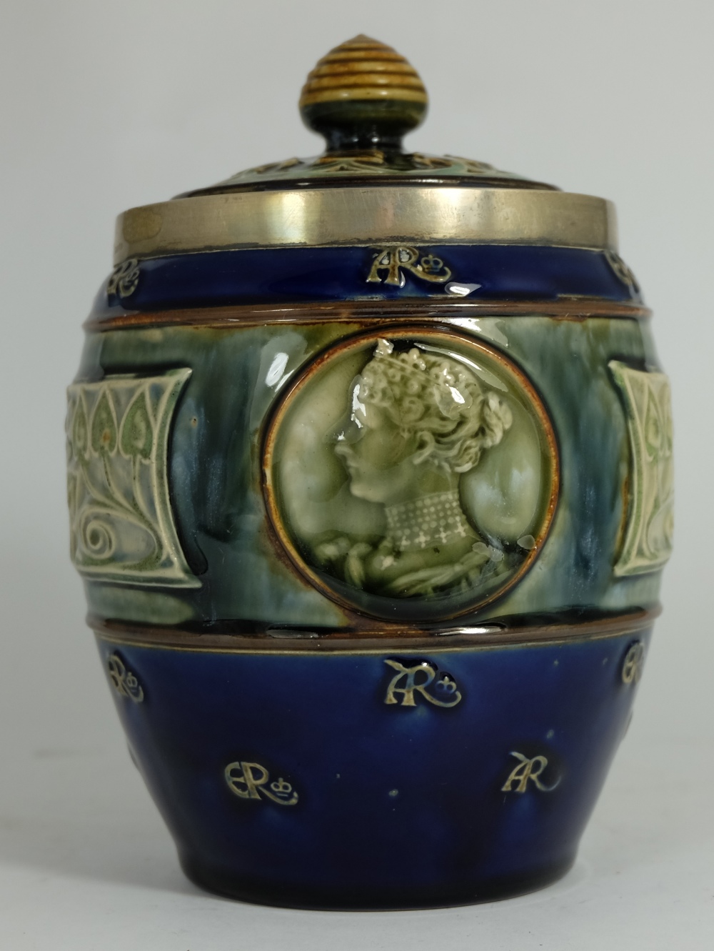 Royal Doulton Lambeth Stoneware Art Nouveau Style Blue and Green Jar and Cover Depicting King George