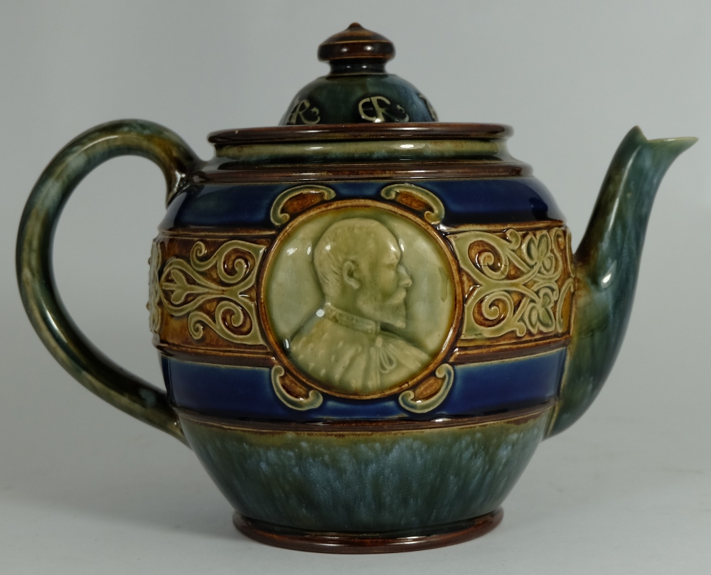 Royal Doulton Lambeth Stoneware Blue, Brown and Green King George And Queen Mary Teapot 26th June