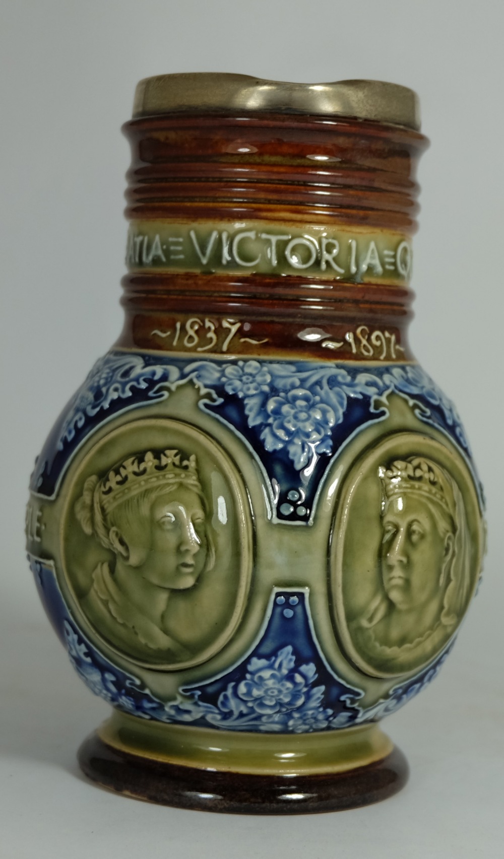 Royal Doulton Lambeth Stoneware Blue Commemorative Jug Queen Victoria 1837-1897 With Hallmarked