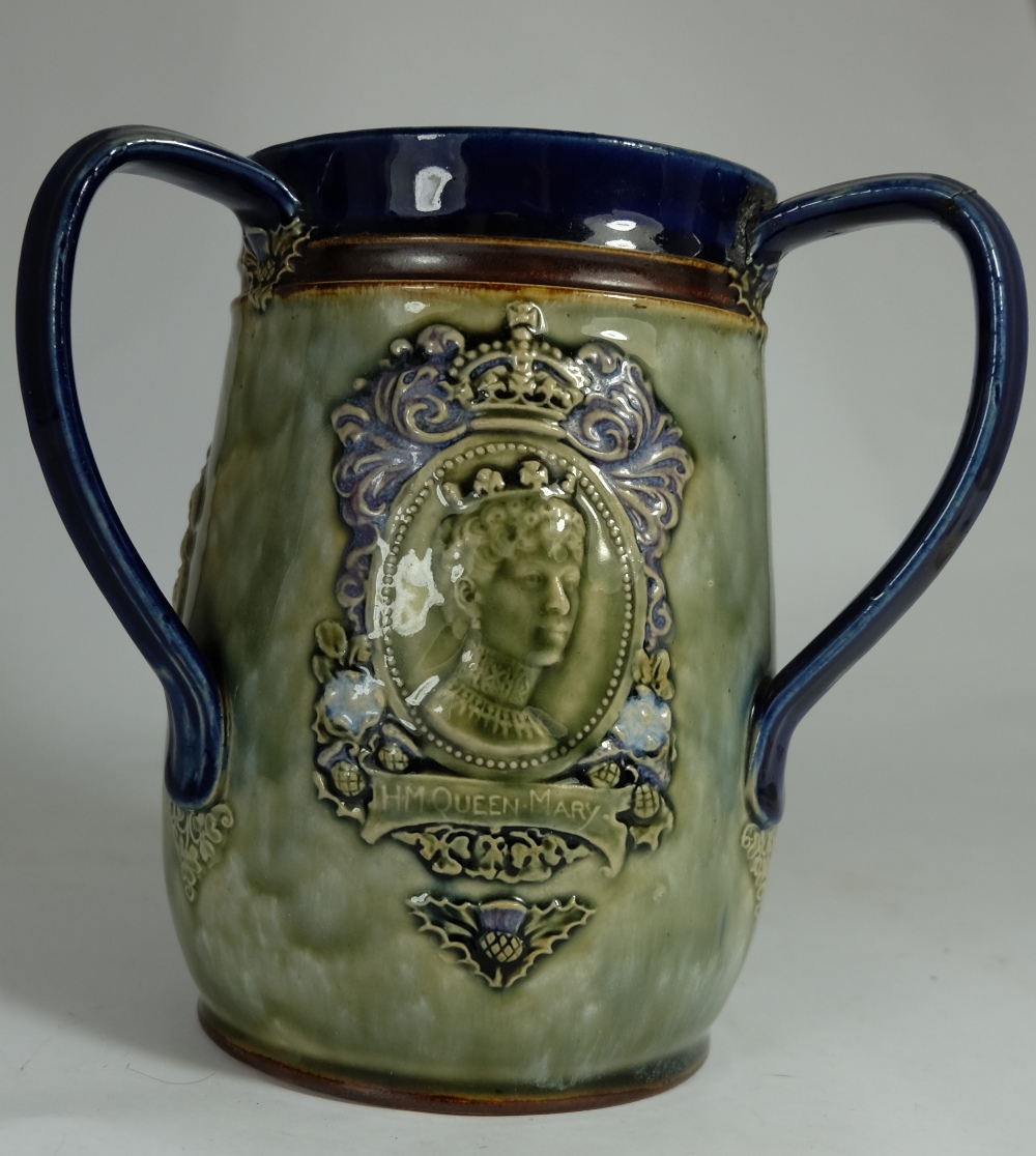 Royal Doulton Lambeth Stoneware Blue and Green  Three Handled Tyg Height 16cm (Crack to one