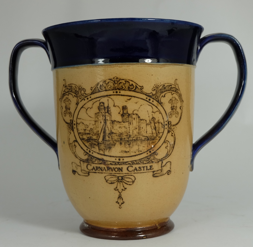 Royal Doulton Lambeth Stoneware Blue and Light Brown Two Handled Loving Cup Depicting The Prince