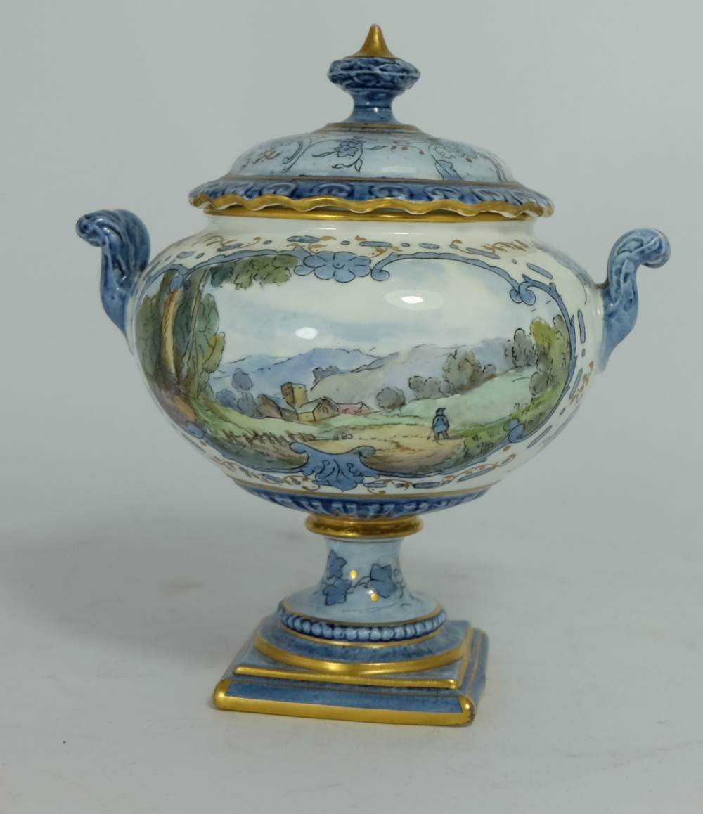 Royal Crown Derby small Urn & Cover decorated with man walking a country lane, height 15cm