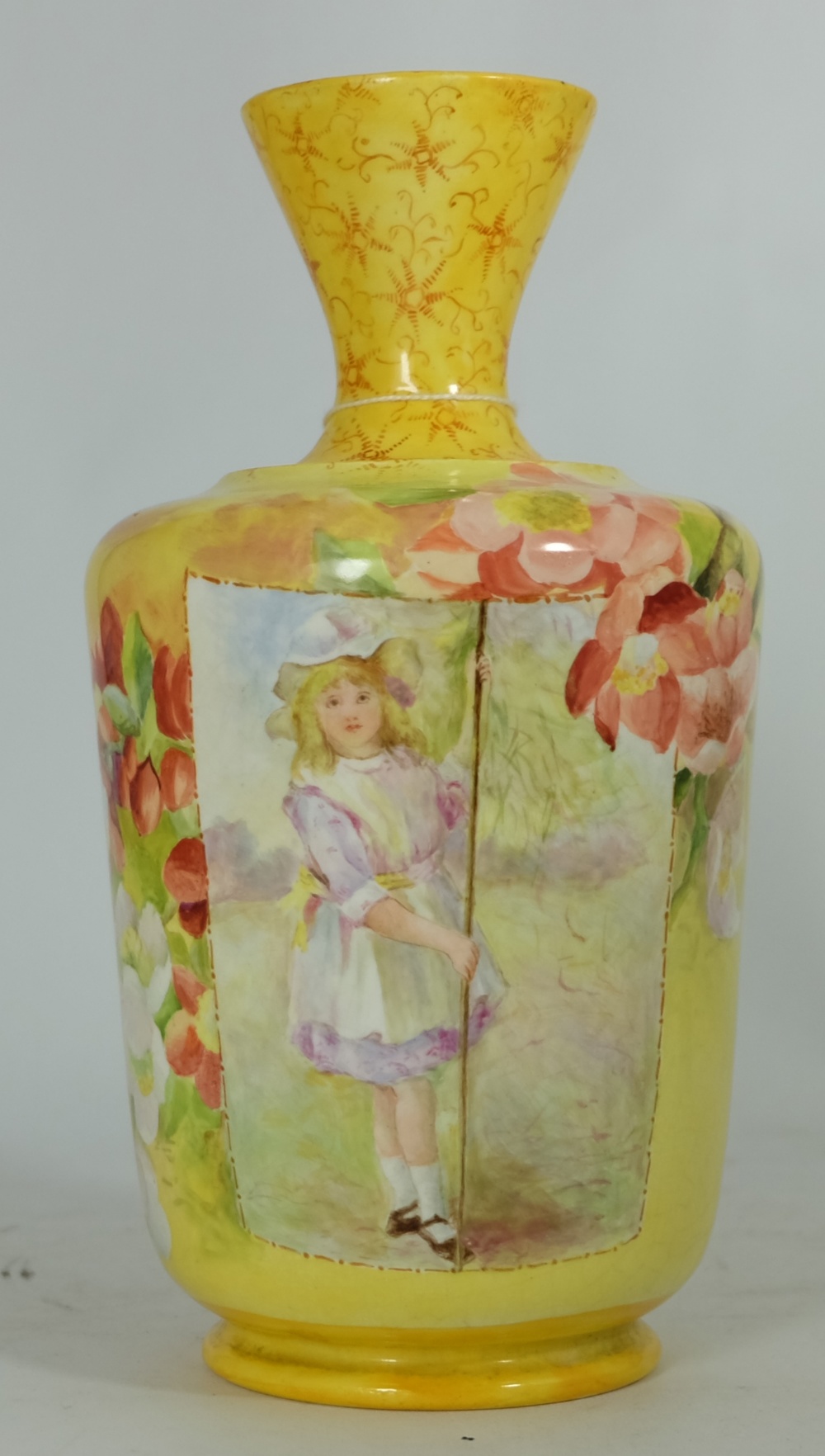 Victorian pottery vase hand painted with Girl in garden, height 21cm