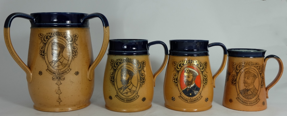 Royal Doulton Lambeth Stoneware Tyg and Mugs decorated with panels of H M Queen Mary and H M King