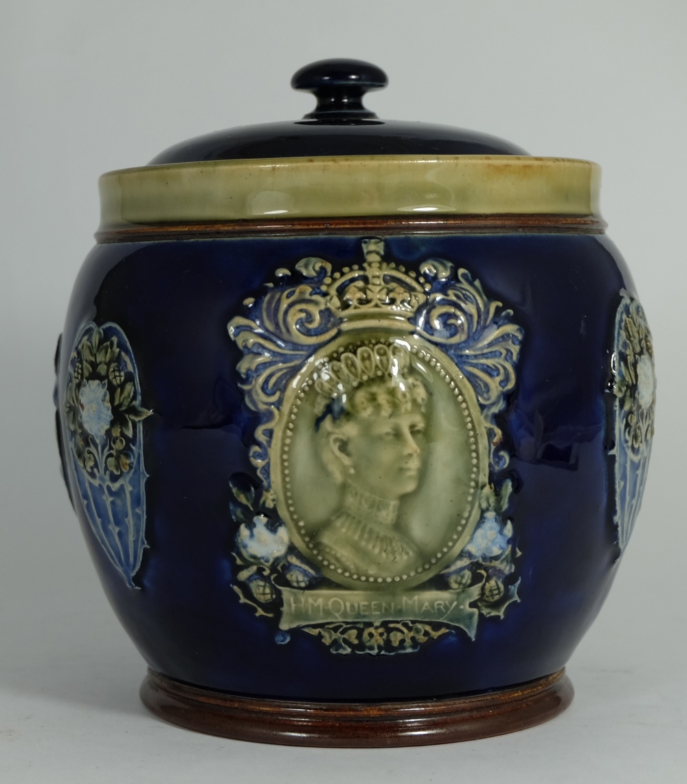 Royal Doulton Lambeth Stoneware Blue and Green Coronation Of King George (In Hat) And Queen Mary Jar