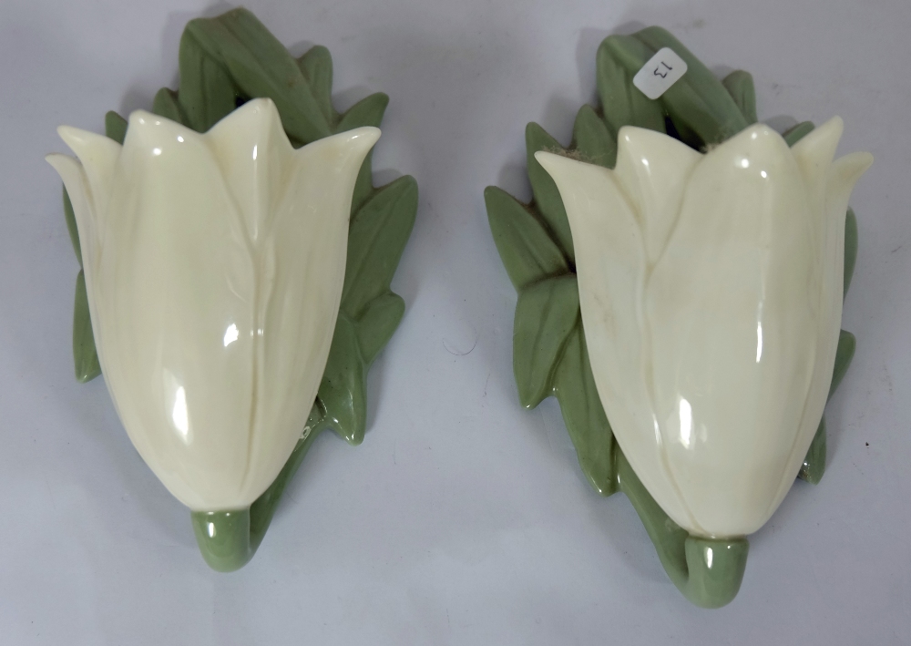 Pair Worcester Royal China Works Grainger & Co wall pockets in the form of lily's , height 16cm (2)