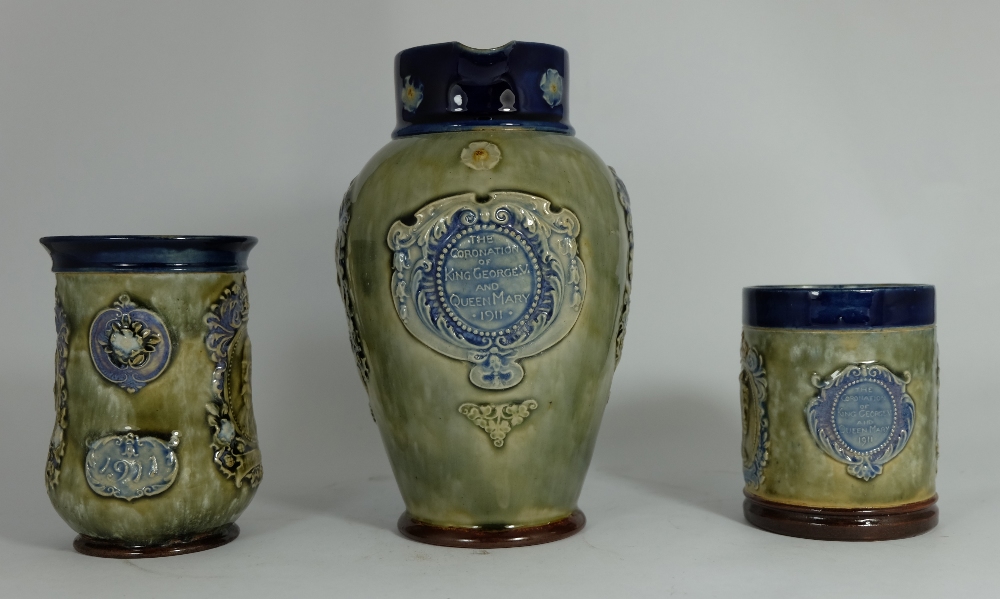Royal Doulton Lambeth Stoneware Blue and Green Jug, 19cm Tankard 12cm and Mug 9.5cm Depicting The