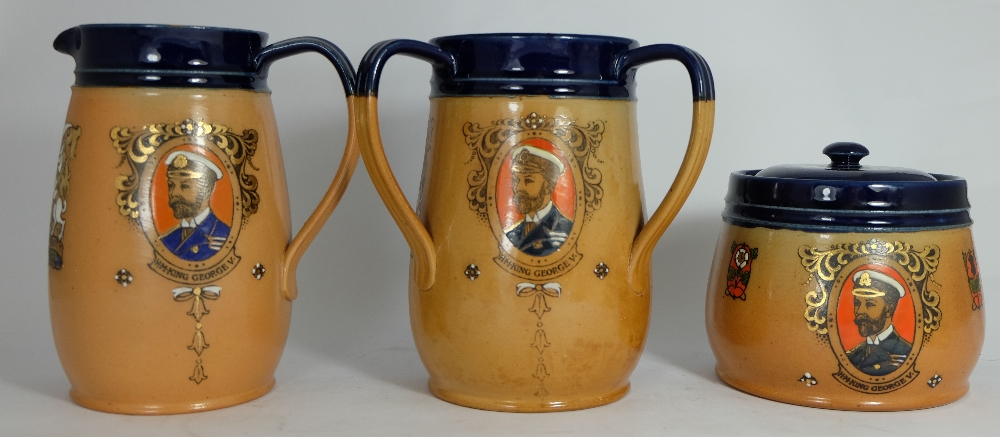Royal Doulton Lambeth Stoneware Tyg, Jug and box & cover decorated with coloured portraits panels of