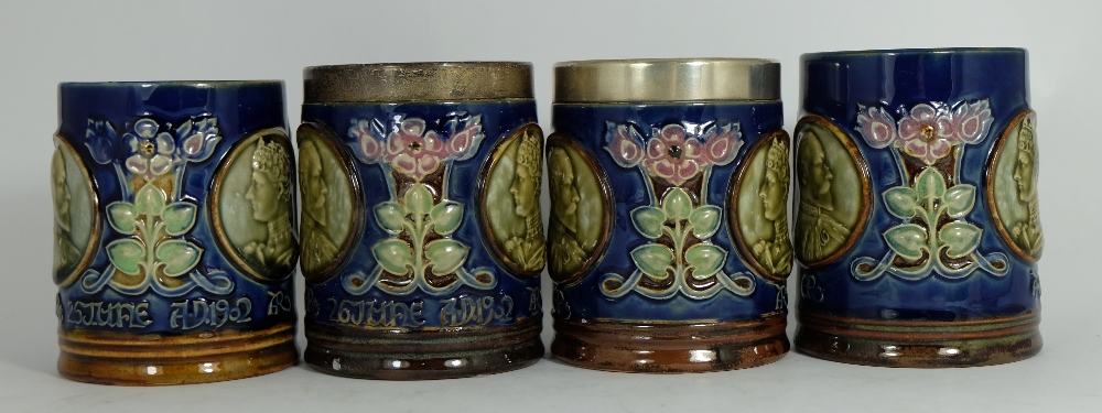 Royal Doulton Lambeth Stoneware Art Nouveau Style Blue and Green Mugs Depicting King George and