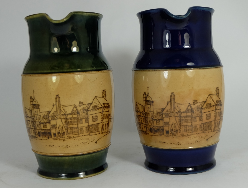Royal Doulton Lambeth Stoneware Jugs "The Railwaymens Convalescent Home"  in green and blue colour