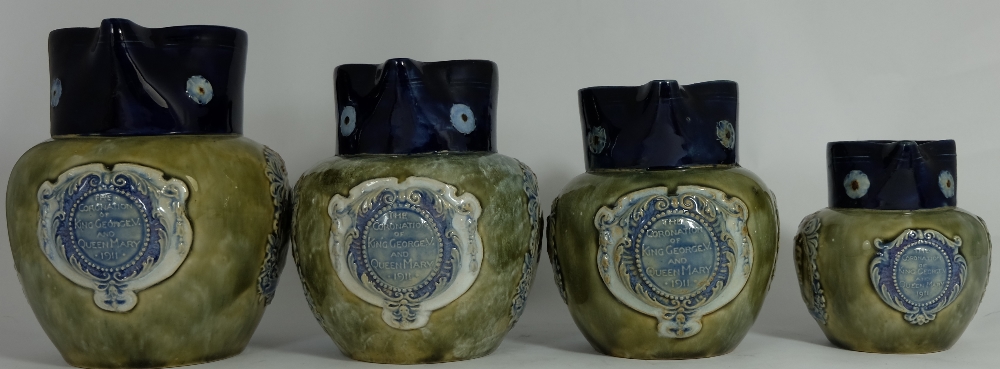Royal Doulton Lambeth Stoneware Blue and Green Set Of Four Jugs Depicting The Coronation Of King