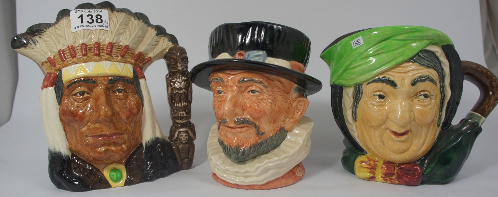 Royal Doulton large character jugs North American Indian D6611, Beefeater and sairy Gamp  (3)