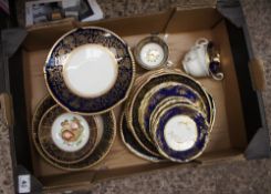 A collection of pottery to include blue and gilt part dinner set made by solian wear soho pottery