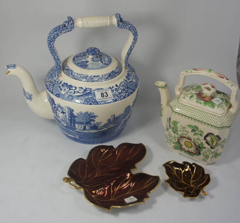 A large Spode Italian tea kettle height 32cm, Mason's tea kettle and 2 Carlton rouge royale leaf