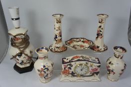 A collection of Masons Manderlay to include Lamp base, Clock, pair Candlesticks, pair Vases and dish