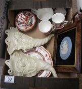 A collection of pottery to include Crown Staffordshire Indian Tree ware, pair Wedgwood