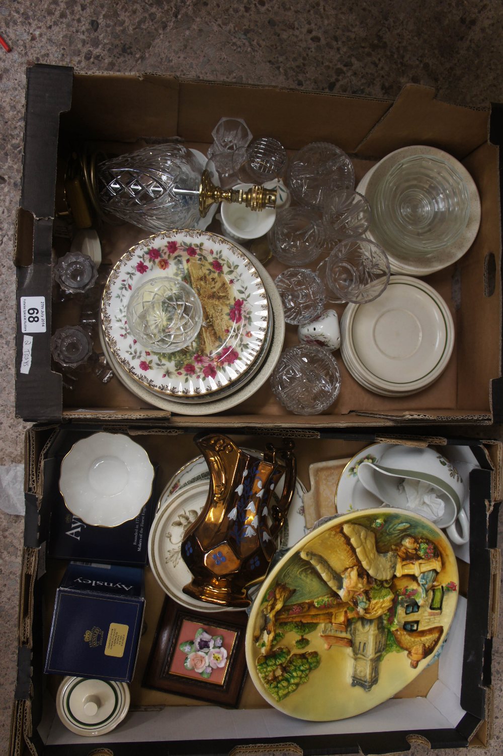 A collection of various pottery and glassware to include cutglass lampbase, Ainsleywear plates