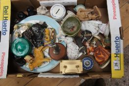 Collection of pottery to include dogs and animal figurines , mantel clocks ,copper plates(2 Trays)
