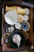 A collection of pottery to include Aynsley auction gold vase, cup, Wedgwood kutani crane vase, Adams