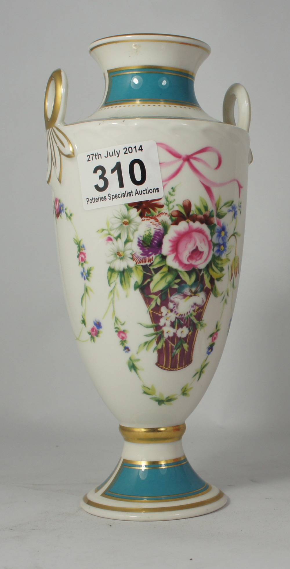 Minton two handled vase decorated with flowers in the Rose Basket design for 1993 centenary , height