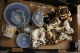 A collection of pottery to include Wedgwood Blue Jasperware , resin Bassett hound figure, Old