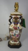 Mason's 2 handled lamp base with chinese pattern on wooden plinth overall height 36cm